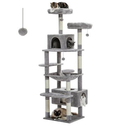 Multi-level grey cat tree with sisal scratching posts and hanging toy balls
