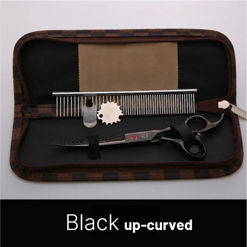 Black up-curved grooming scissors set with comb and oil in a checkered storage case