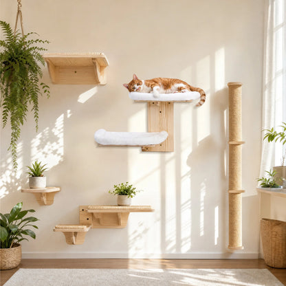 Solid Wood Wall-Mounted Cat Bed with Washable Cushion – Sturdy Corner Cat Shelf for Indoor Cats