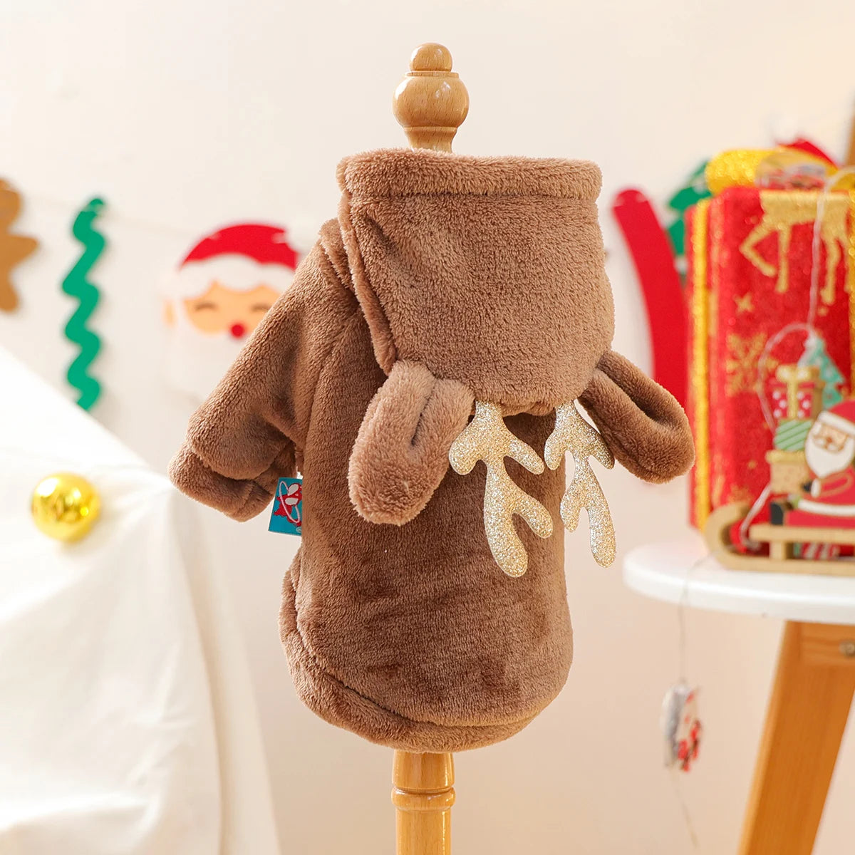 Cozy Reindeer Fleece Hoodie for Dogs & Cats – Warm Brown Christmas Pet Sweatshirt with Antlers