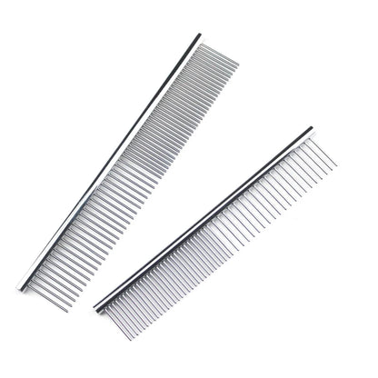 Two stainless steel pet grooming and dematting combs with fine and wide teeth