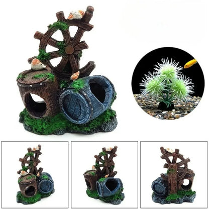 Nautical Steering Wheel & Wine Barrel Aquarium Decoration – Resin Fish Tank Ornament
