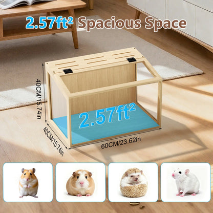 Wooden Hamster & Small Pet Habitat with Tempered Glass Panels & Built-In LED Light – 60/80/100 cm Sizes