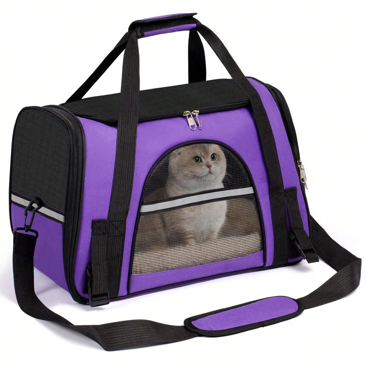 Purple airline-approved foldable pet carrier with breathable mesh and shoulder strap containing a cat