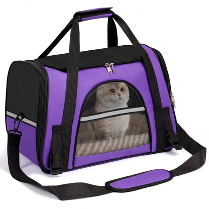 Purple airline-approved foldable pet carrier with breathable mesh and shoulder strap containing a cat