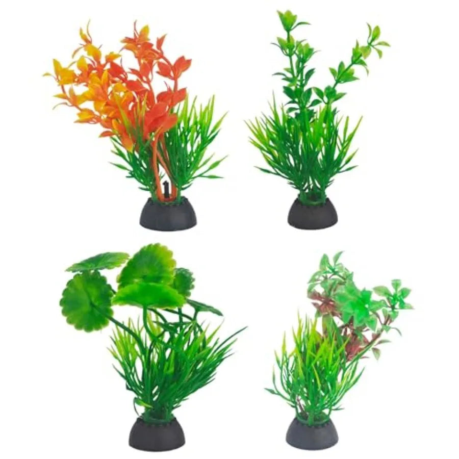 4-Piece Artificial Seaweed Aquarium Plants – 4-Inch Realistic Green & Orange Decorations for Freshwater and Saltwater Fish Tanks