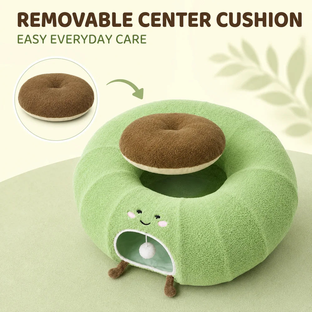 Convertible Plush Cat Tunnel & Donut Bed with Removable Cushion, Zipper Connection & Hanging Toy Ball for Indoor Cats