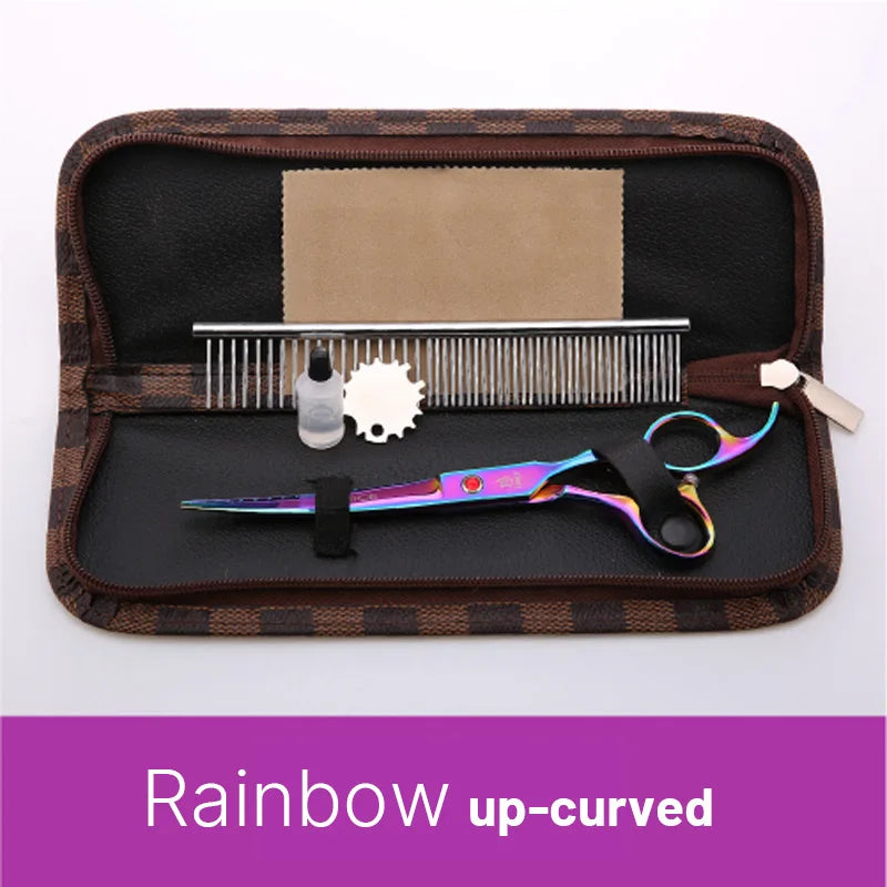 Rainbow up-curved grooming scissors with comb oil and adjustment tool in a zippered case