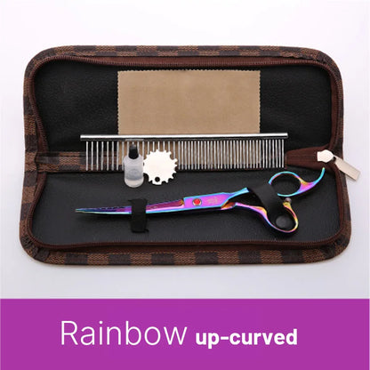 Rainbow up-curved grooming scissors with comb oil and adjustment tool in a zippered case