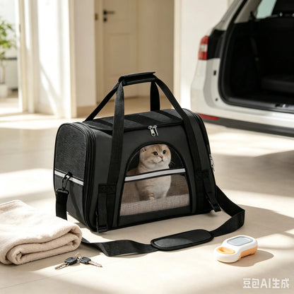 Cat sitting inside a black mesh pet carrier bag on a floor near a car