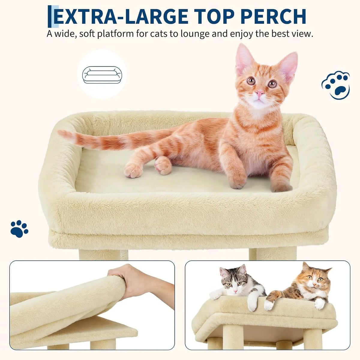 Orange tabby cat resting on a plush extra large cat tree top perch