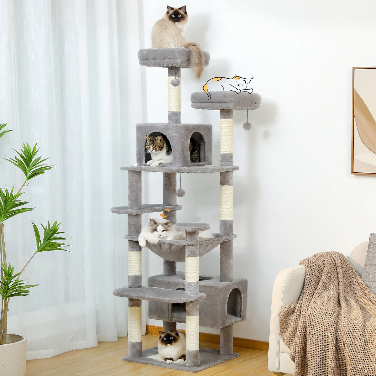 Multi-level grey cat tree with sisal scratching posts and multiple cats resting on platforms