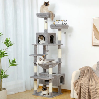 Multi-level grey cat tree with sisal scratching posts and multiple cats resting on platforms