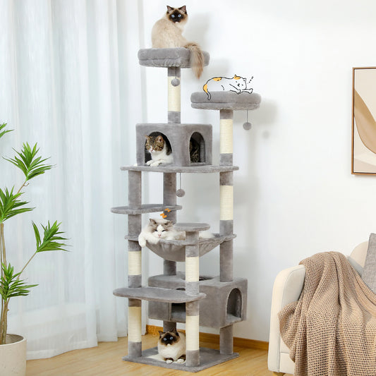 Multi-level grey cat tree with sisal scratching posts and multiple cats resting on platforms