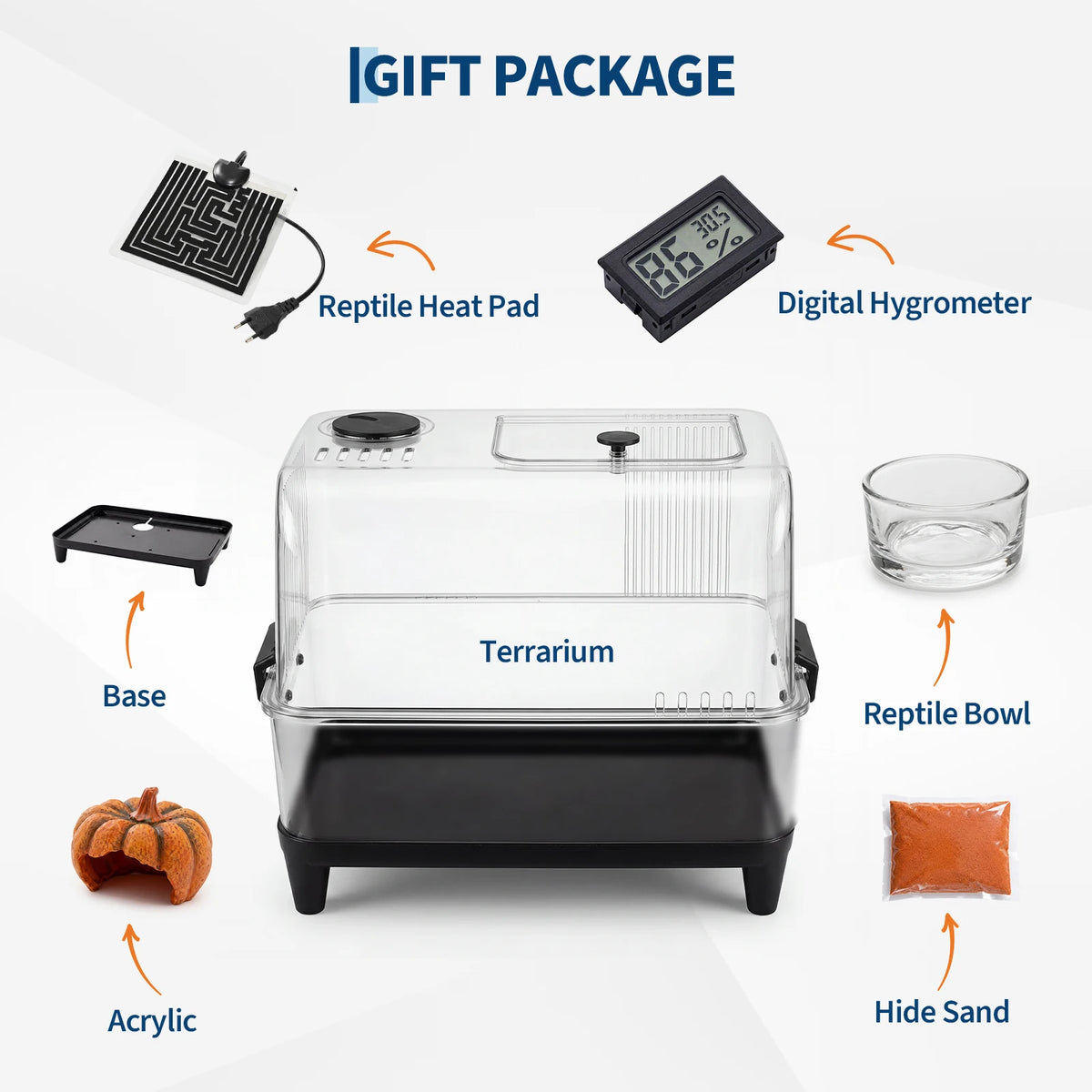 Terrarium gift package including heat pad, digital hygrometer, base, bowl, pumpkin hide, and hide sand