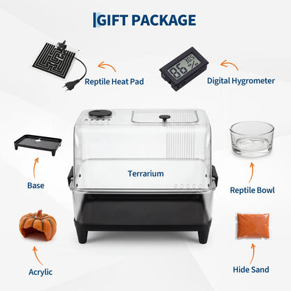 Terrarium gift package including heat pad, digital hygrometer, base, bowl, pumpkin hide, and hide sand