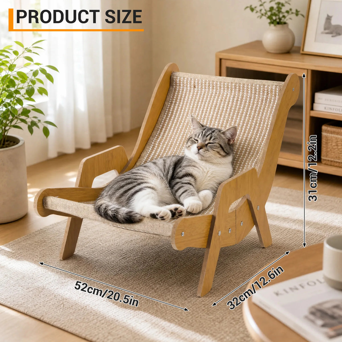 Cat sleeping on a wooden pet lounge chair with dimensions labeled in centimeters and inches
