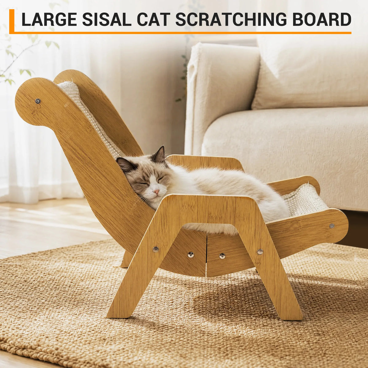 Cat sleeping on a 2-in-1 wooden sisal cat scratcher and lounger with natural jute surface