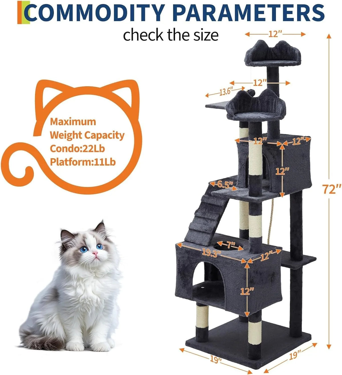 72-Inch Multi-Level Cat Tree with Condos, Perches, Hammock & Scratching Posts