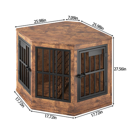 Modern Corner Dog Crate Furniture & TV Stand – Indoor Wooden Dog Kennel for Medium & Large Dogs, Brown