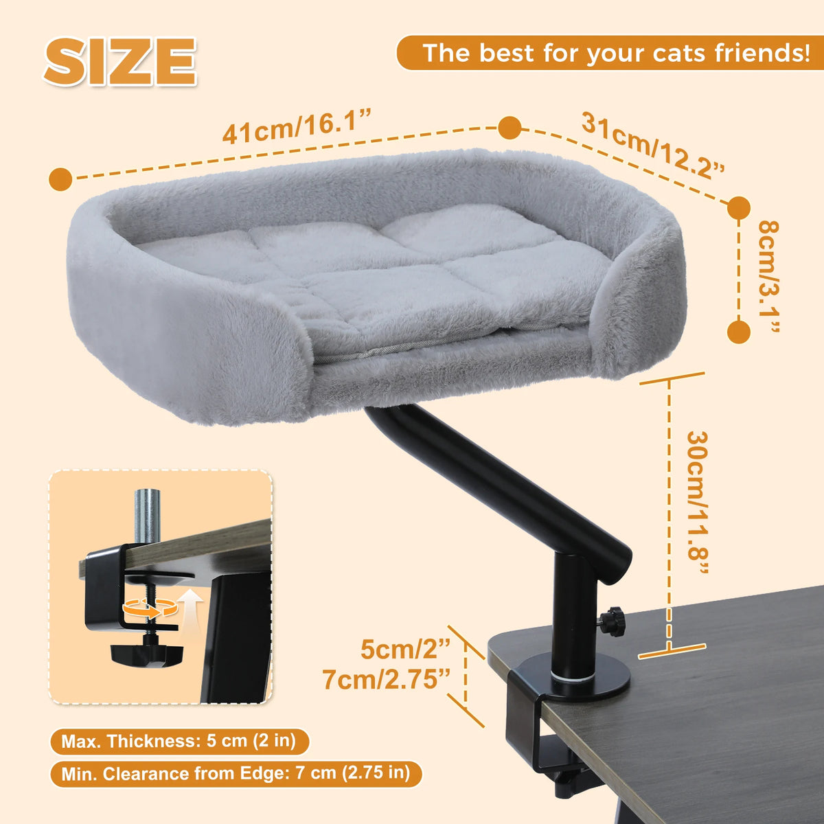 Diagram showing dimensions of a clamp on cat bed with mounting specifications