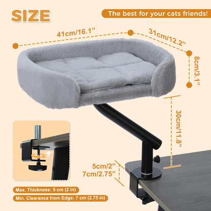 Diagram showing dimensions of a clamp on cat bed with mounting specifications