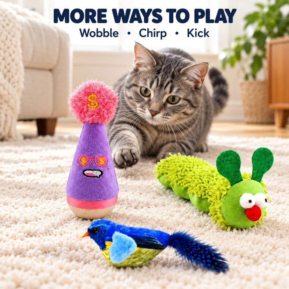 Zoe Interactive Cat Toy Set – Wobble Toy, Soft Caterpillar & Chirping Bird for Indoor Cats
