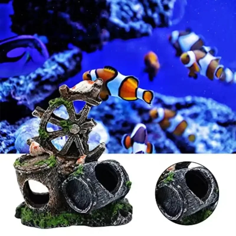 Nautical Steering Wheel & Wine Barrel Aquarium Decoration – Resin Fish Tank Ornament