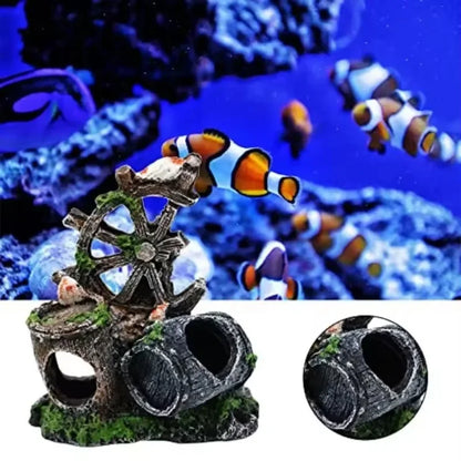 Nautical Steering Wheel & Wine Barrel Aquarium Decoration – Resin Fish Tank Ornament