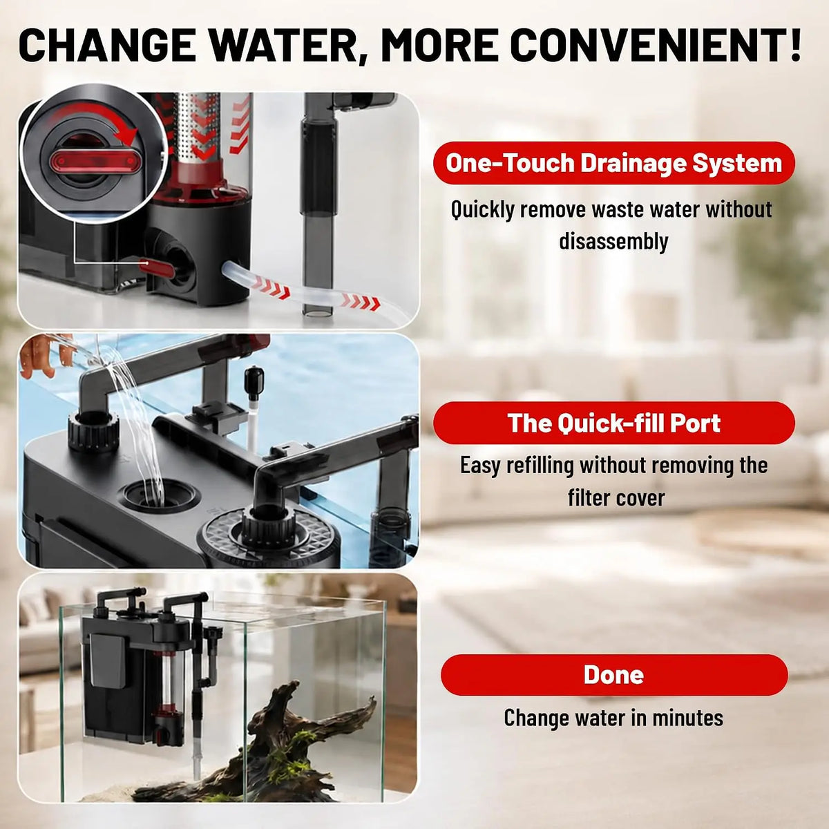 Quiet Hang-On-Back Aquarium Filter with Waste Separation, One-Touch Drainage & Easy Water Changes – 118 GPH for 10–30 Gallon Fish Tanks