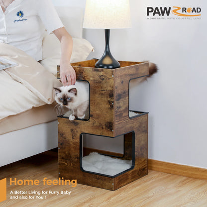 Modern Wooden Cat Condo & Activity Tower with Cozy Hideaway, Removable Soft Mats & Scratching Pad for Indoor Cats and Kittens