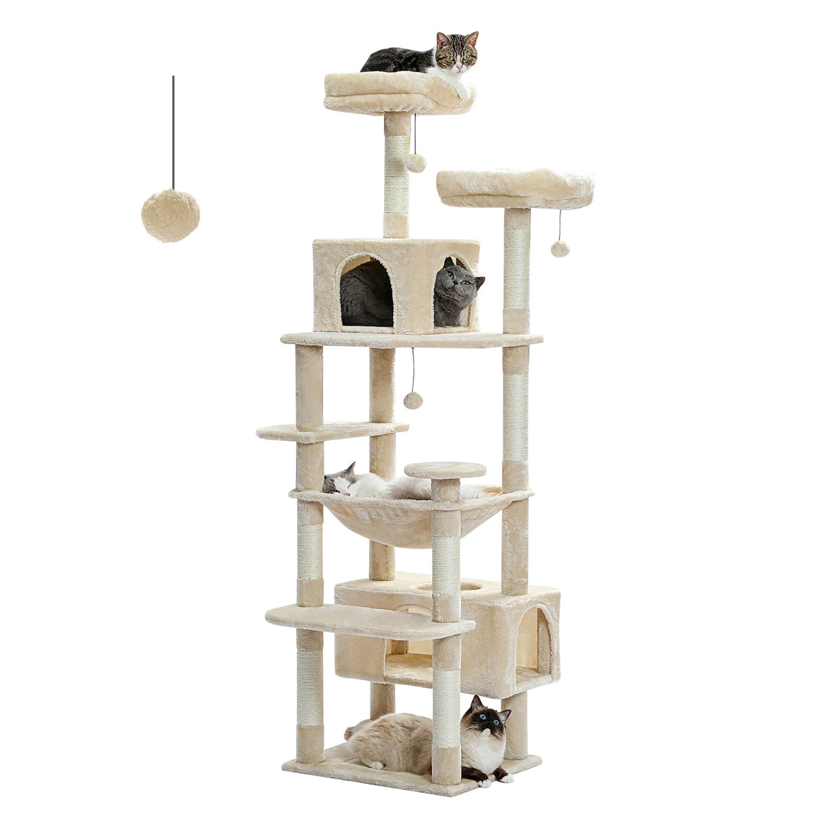 Beige multi-level cat tree with four cats resting on various platforms and hideaways