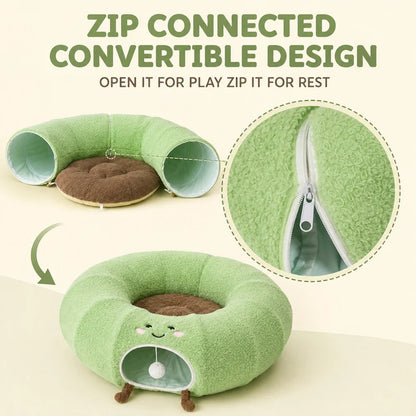 Convertible Plush Cat Tunnel & Donut Bed with Removable Cushion, Zipper Connection & Hanging Toy Ball for Indoor Cats