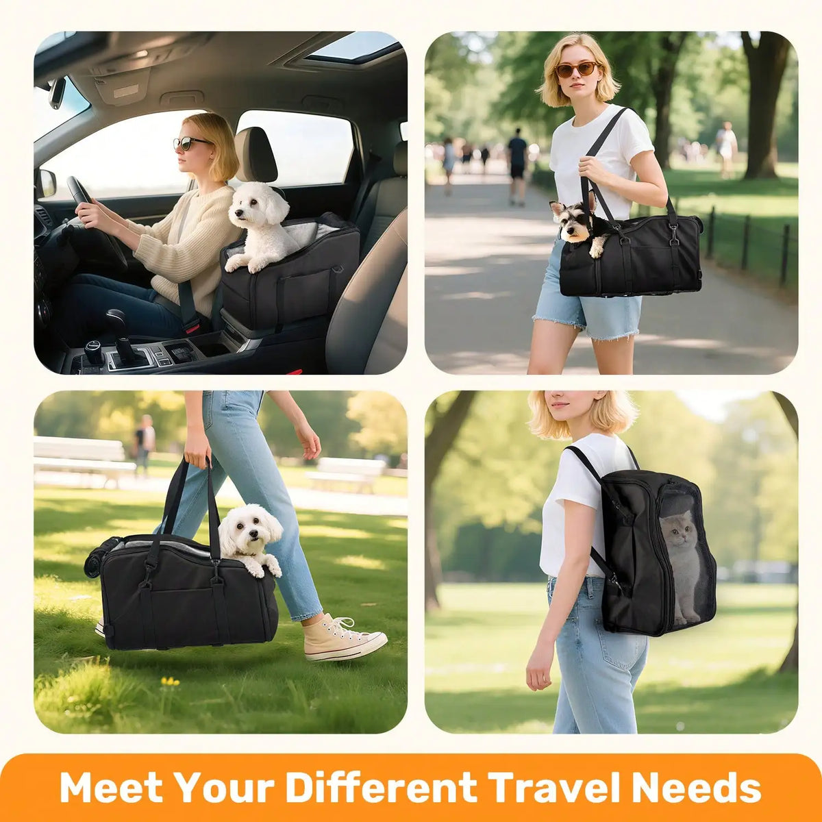 Collage showing versatile pet travel carriers used in a car as a booster seat and as shoulder or backpack carriers