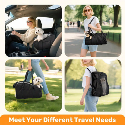 Collage showing versatile pet travel carriers used in a car as a booster seat and as shoulder or backpack carriers