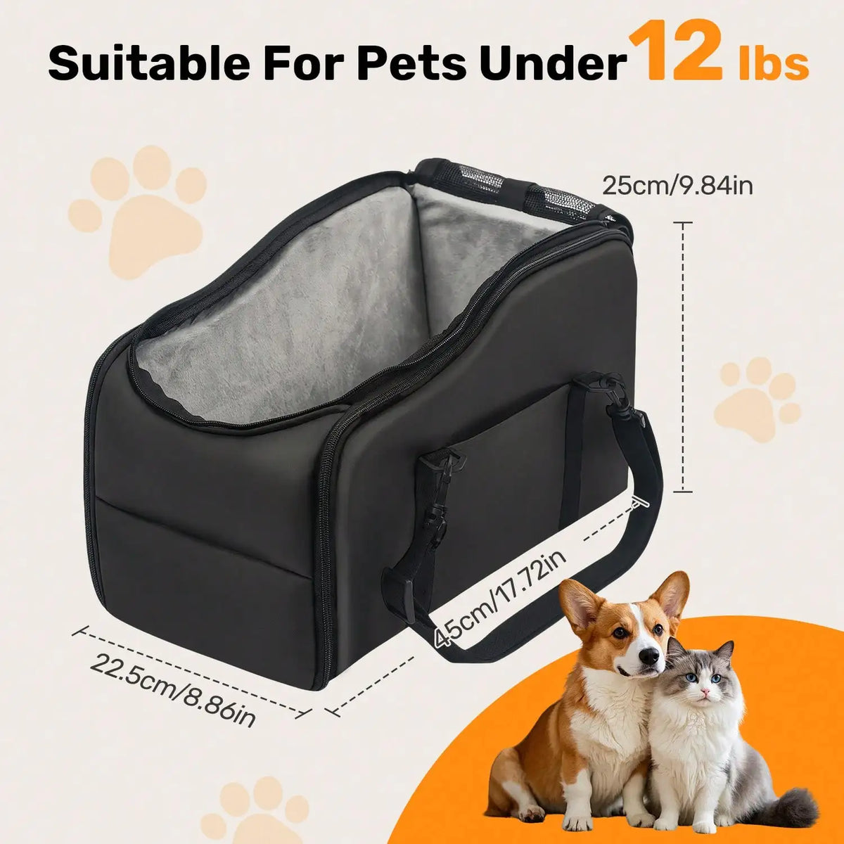Black pet carrier with dimensions 45cm by 22.5cm by 25cm suitable for pets under 12 lbs