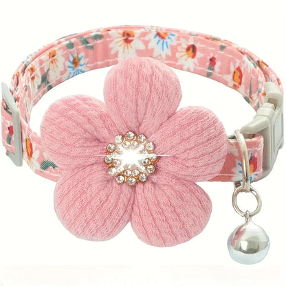 Floral pet collar with pink 3D flower charm and silver bell for small dogs and cats