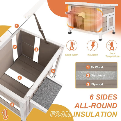 Insulated wooden pet house showing construction layers of fir wood styrofoam and plywood