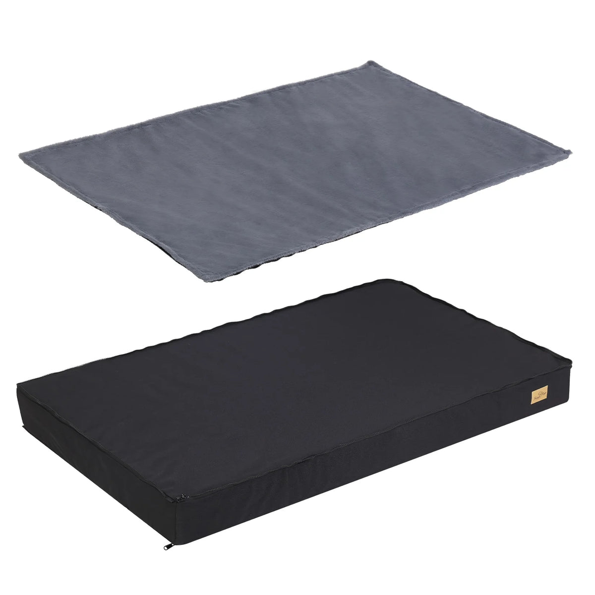 Rectangular black pet bed with a separate grey plush cover