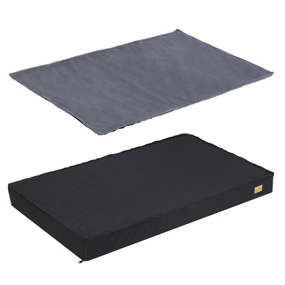 Rectangular black pet bed with a separate grey plush cover