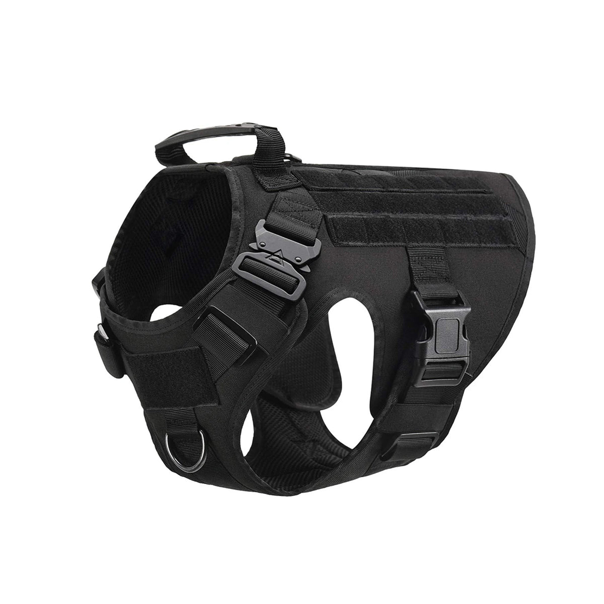 Black tactical dog harness with adjustable straps and metal buckles