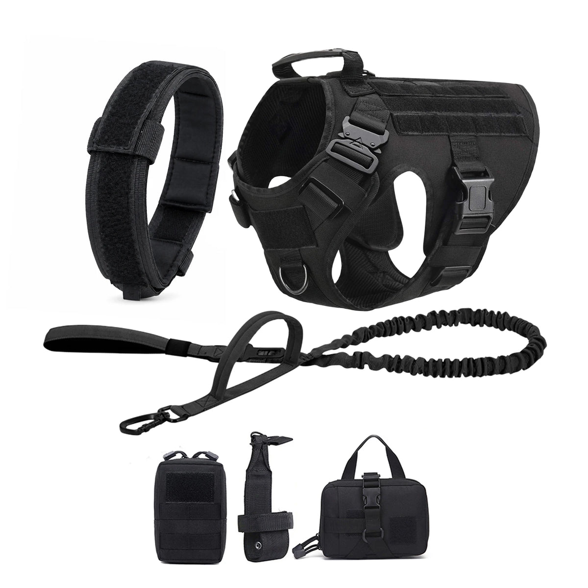 Tactical dog harness collar leash and molle pouches set in black