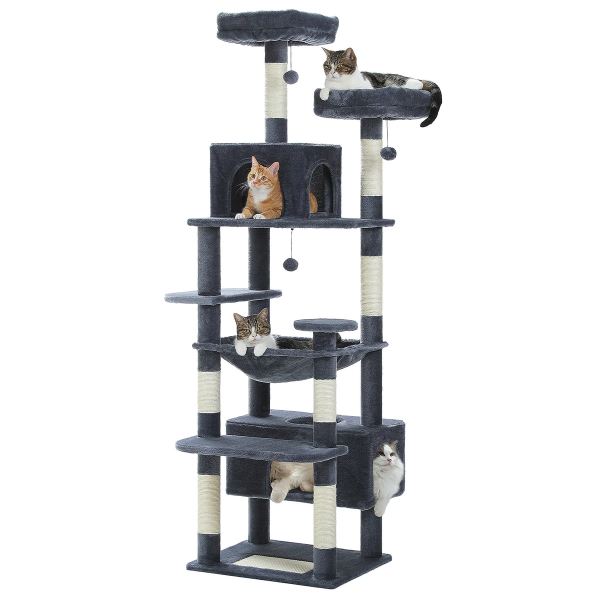 Tall grey cat tree with multiple platforms, scratching posts, and four cats resting on different levels