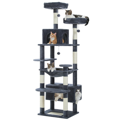 Tall grey cat tree with multiple platforms, scratching posts, and four cats resting on different levels