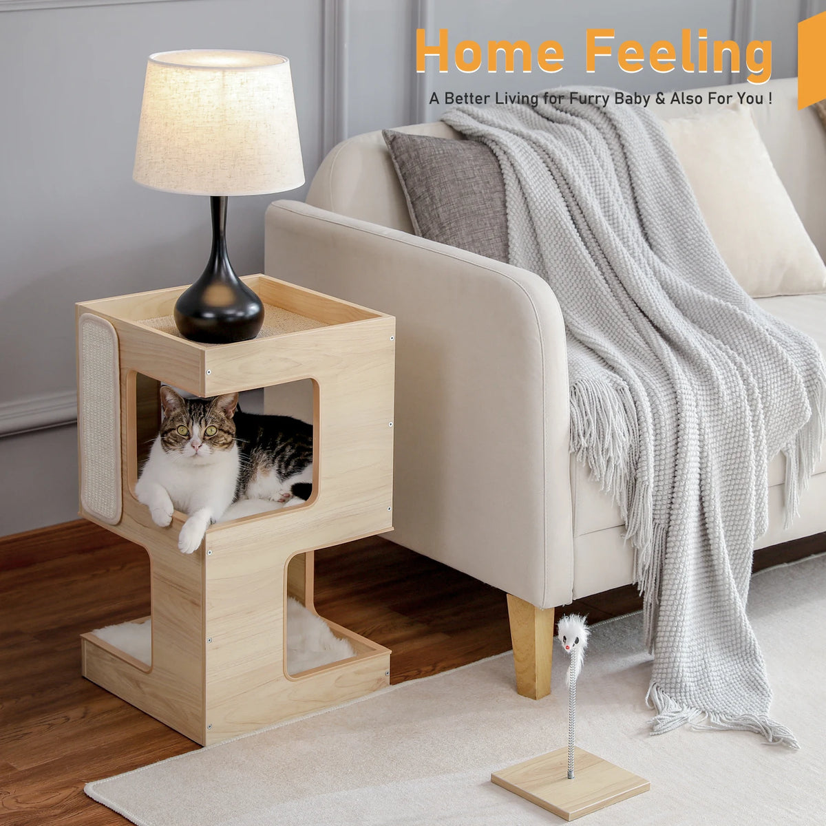 Modern Wooden Cat Condo & Activity Tower with Cozy Hideaway, Removable Soft Mats & Scratching Pad for Indoor Cats and Kittens