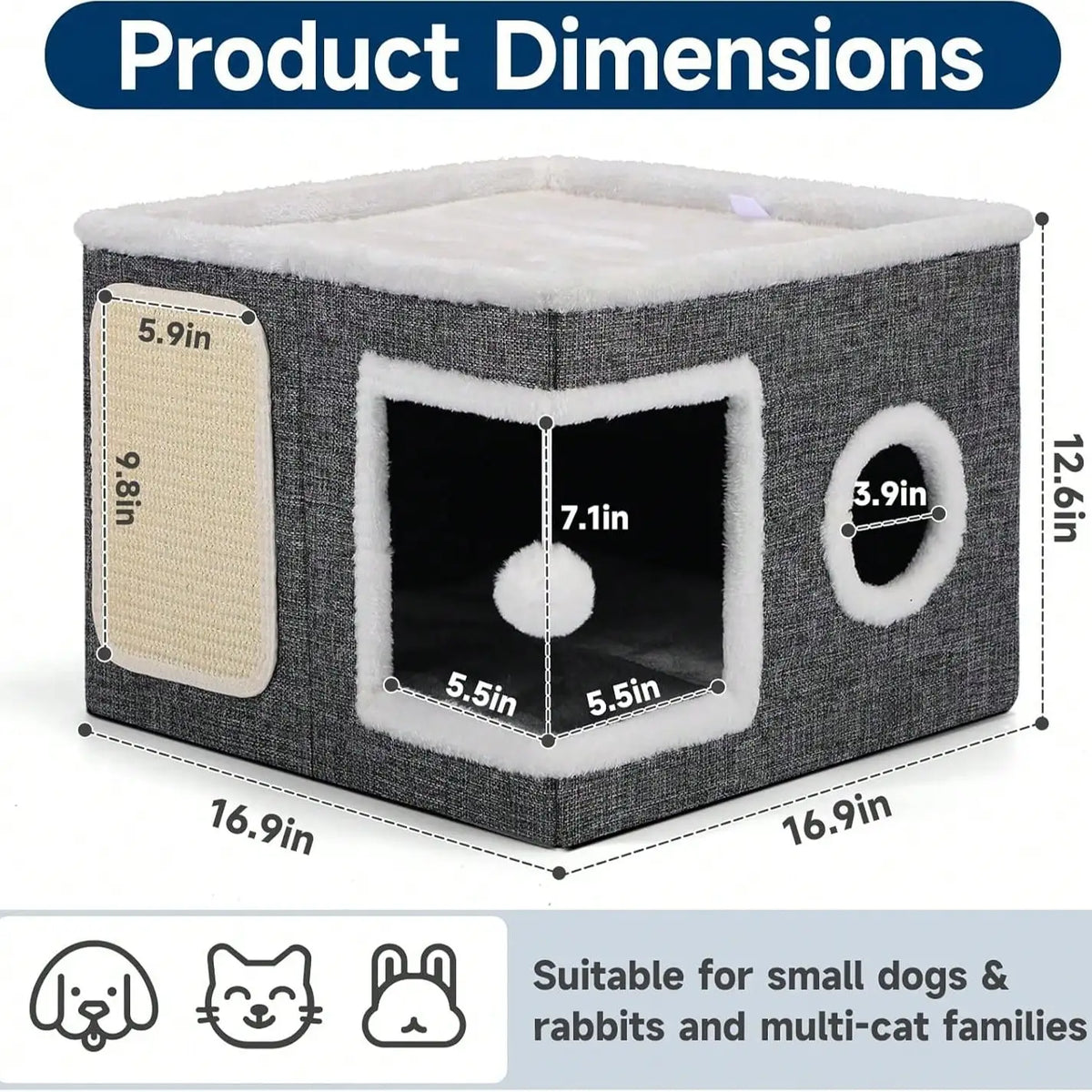 Cozy Foldable Indoor Cat House with Soft Reversible Cushion, Hanging Play Balls & Peekaboo Windows – Supports Up to 30 lbs