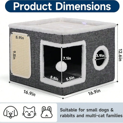 Cozy Foldable Indoor Cat House with Soft Reversible Cushion, Hanging Play Balls & Peekaboo Windows – Supports Up to 30 lbs