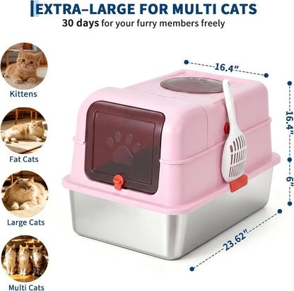 Pink and stainless steel enclosed cat litter box with dimensions and scoop