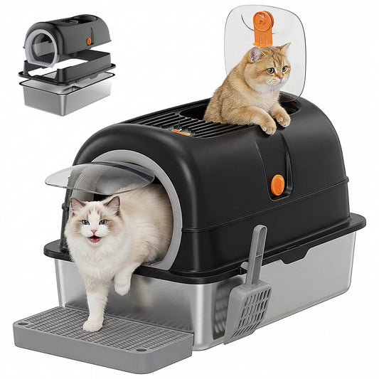 24-Inch Extra-Large Stainless Steel Enclosed Cat Litter Box with Scoop & Mat – 30L Capacity