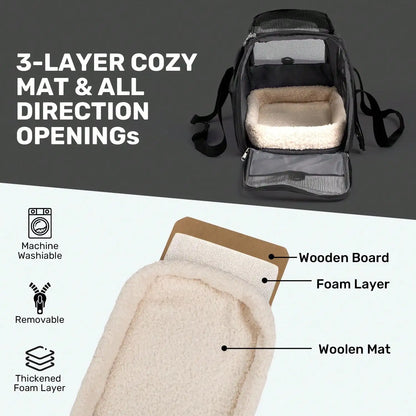 Airline-approved foldable pet carrier showing three-layer mat construction with wooden board foam and woolen mat